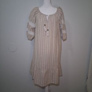 100% Cotton Swing Dress Sz L Puff Sleeve Pin Strip Boho Hippie Lagenlook Beachy